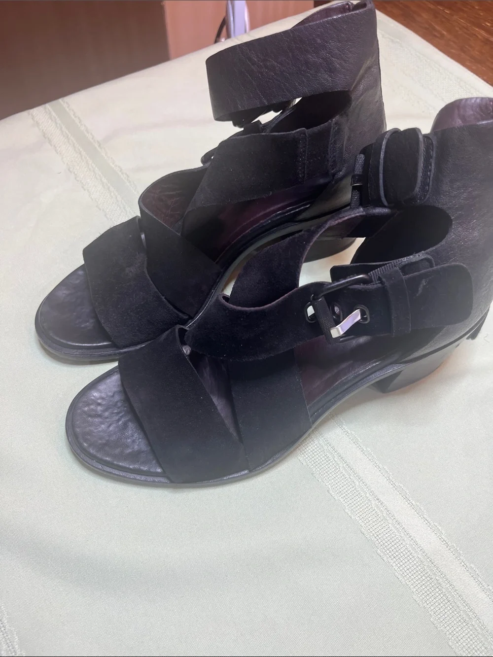rag & bone Black Suede Crisscross Buckle Block Heels